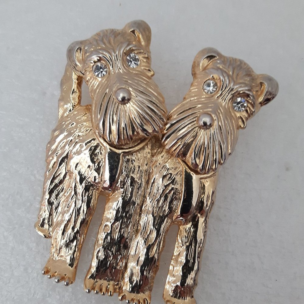Twin Puppies Scottie Terriers Movable Head Brooch